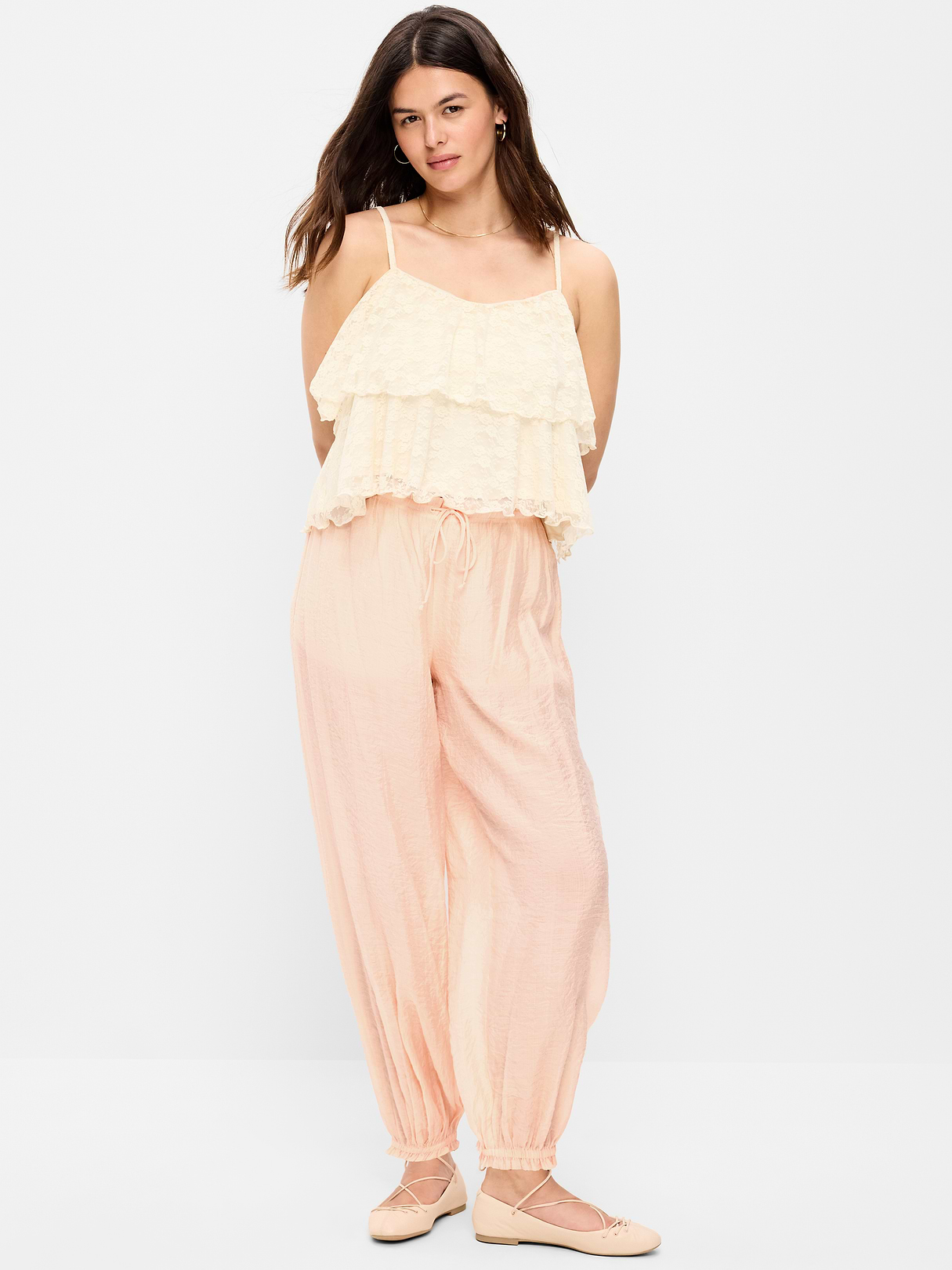 High-Waisted Sheer Chiffon Harem Pants - Peach Gelato