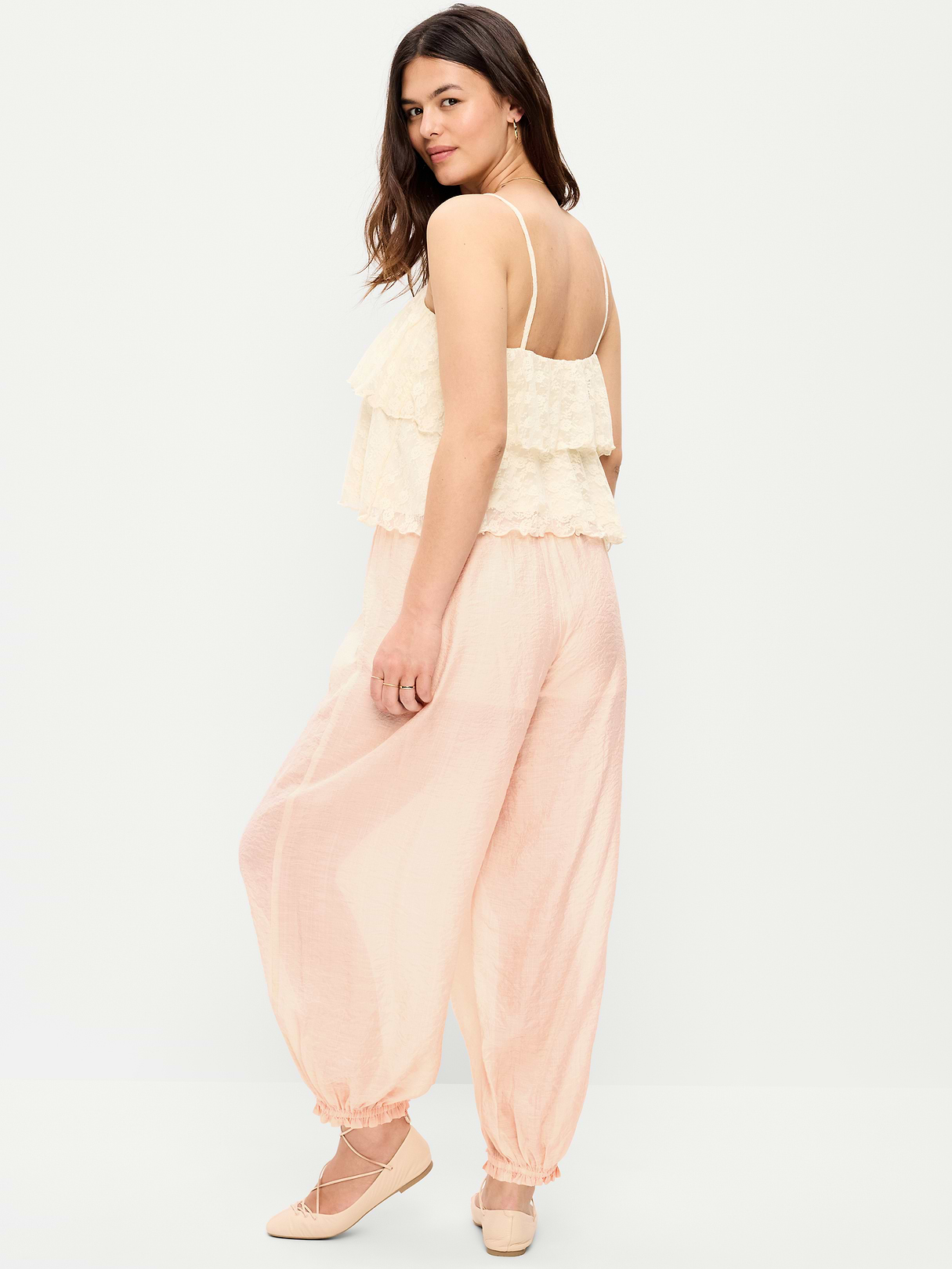 High-Waisted Sheer Chiffon Harem Pants - Peach Gelato