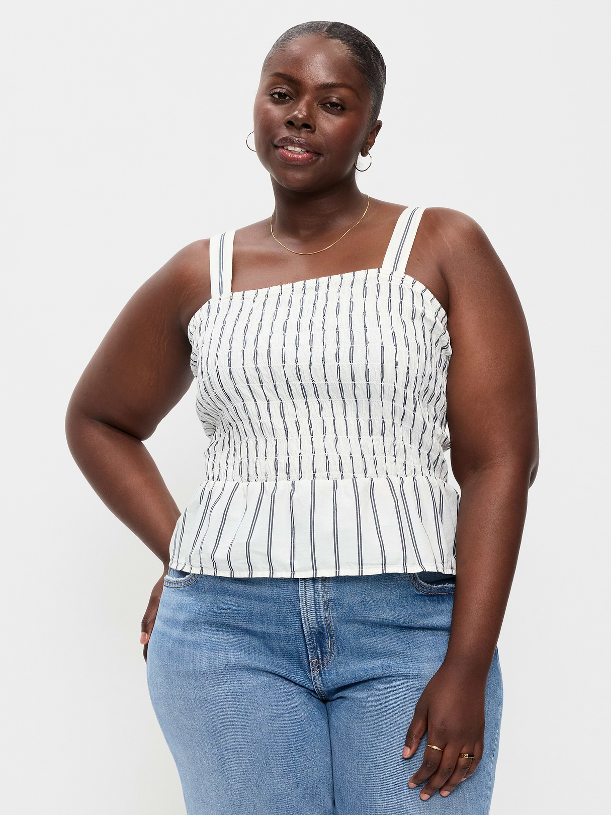 Smocked Peplum Tank Top - White Stripe