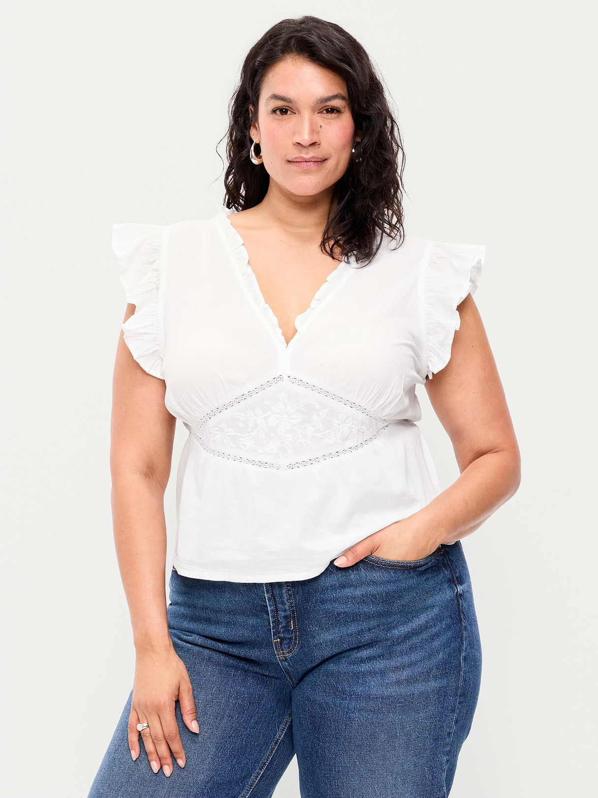 Flutter-Sleeve Embroidered Top - White Lilies