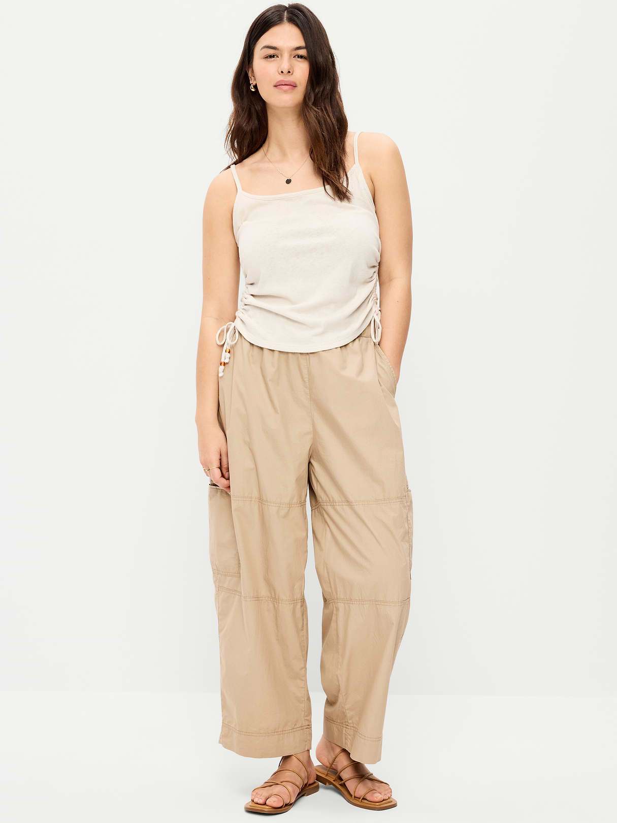 Mid-Rise Cropped Barrel-Leg Utility Pants - Toasted Almond