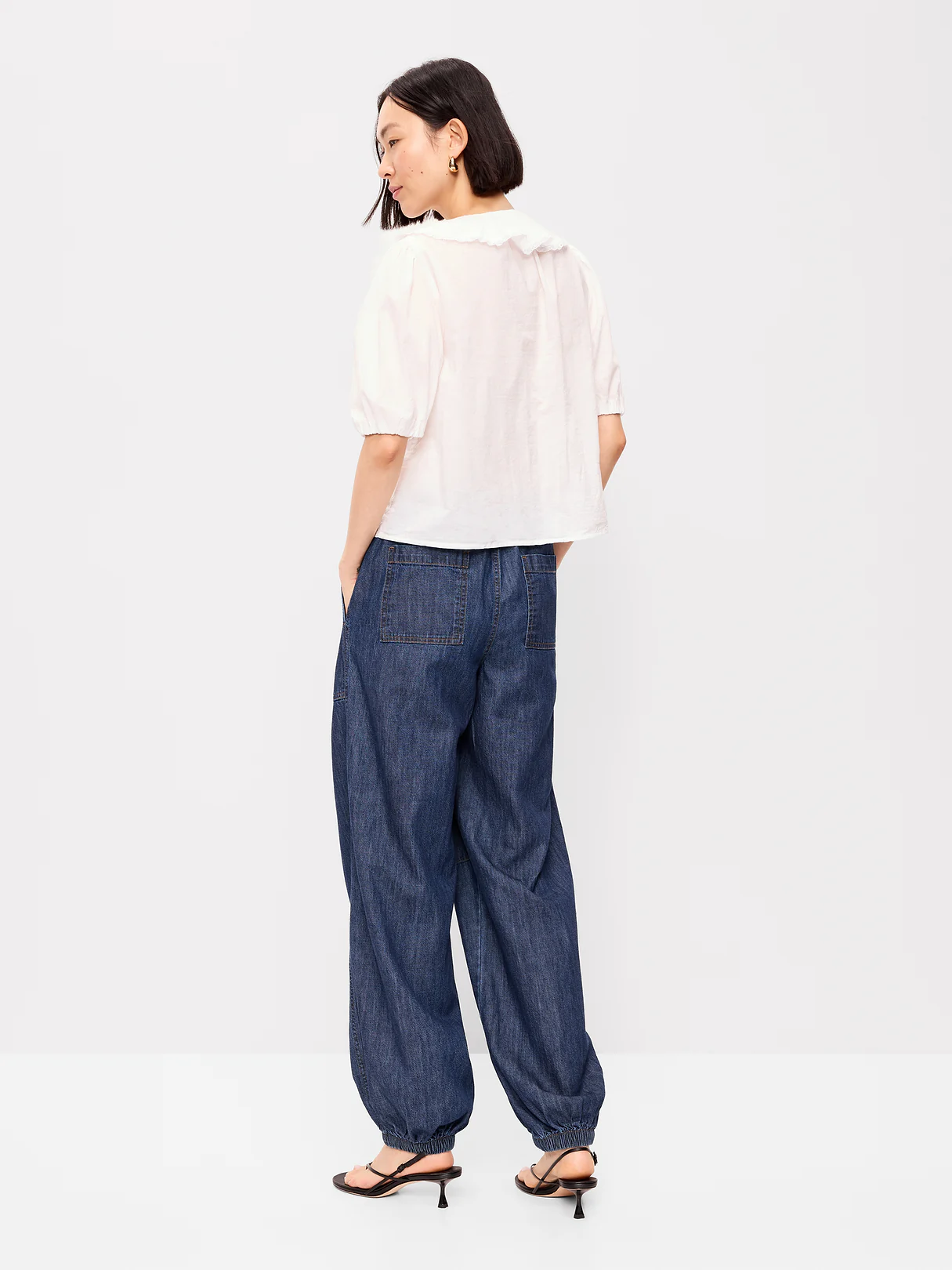 Mid-Rise Pull-On Utility Harem Denim Pants - Dark Wash