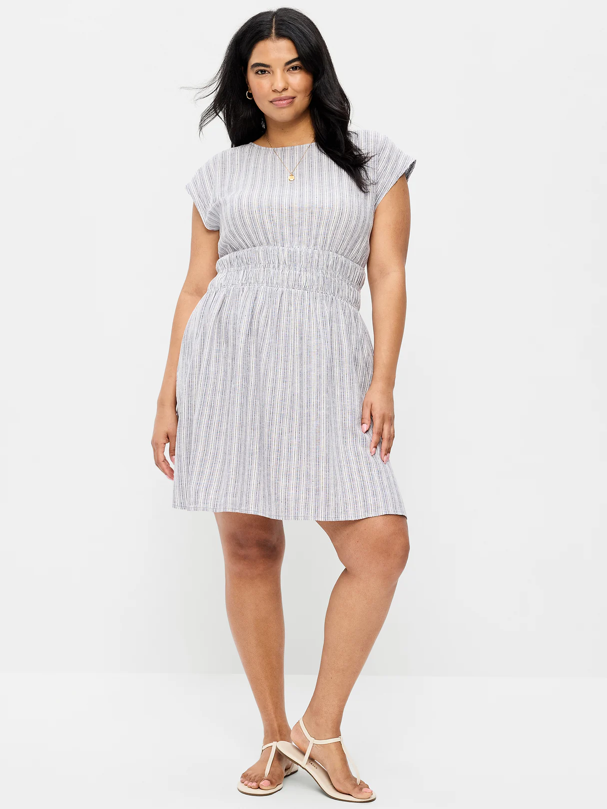 Smocked-Bodice Fit & Flare Mini Dress - Blue Multi Stripe