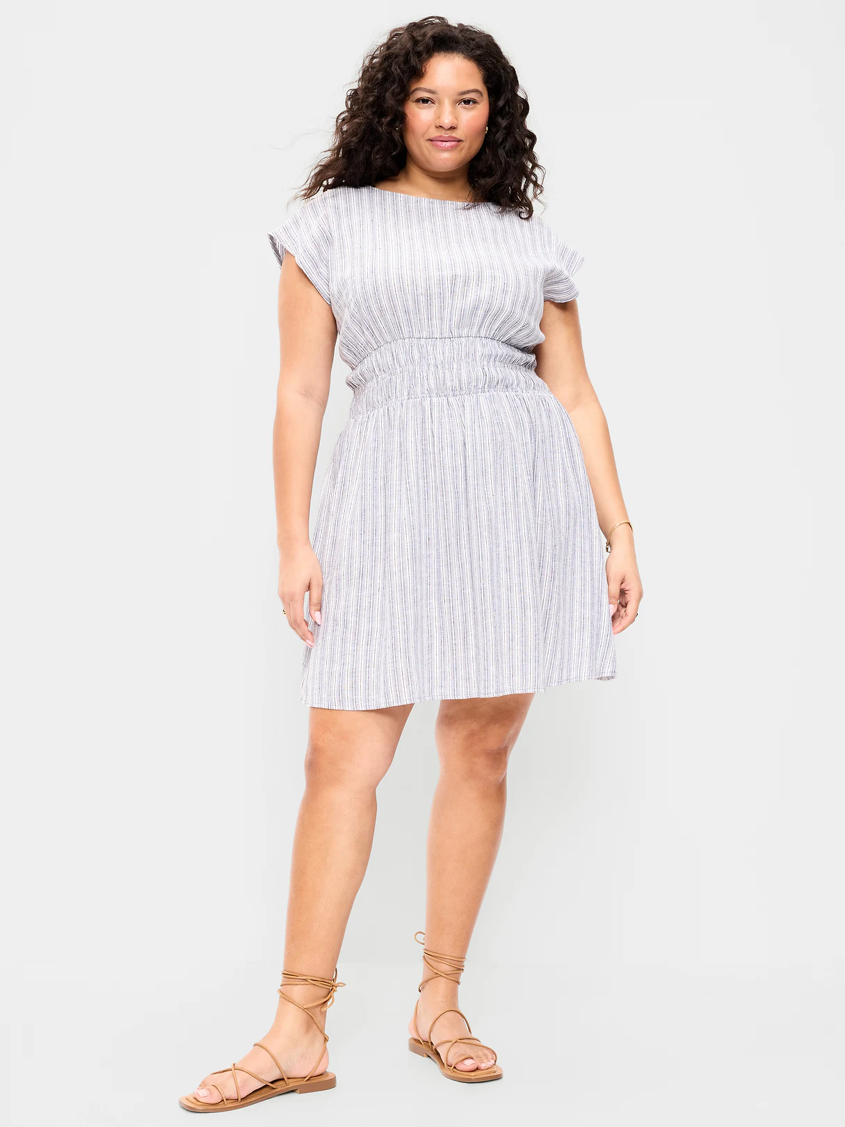 Smocked-Bodice Fit & Flare Mini Dress - Blue Multi Stripe