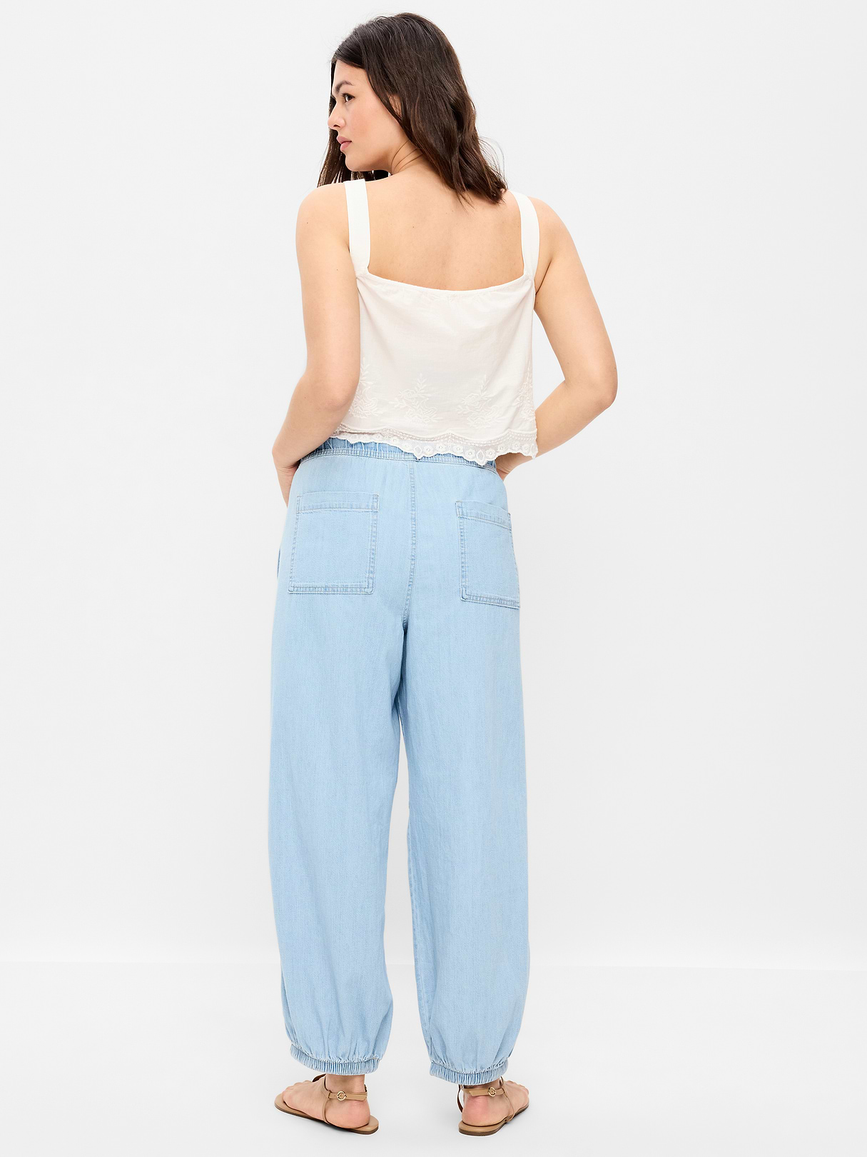 Mid-Rise Pull-On Utility Harem Denim Pants - Blue Washed
