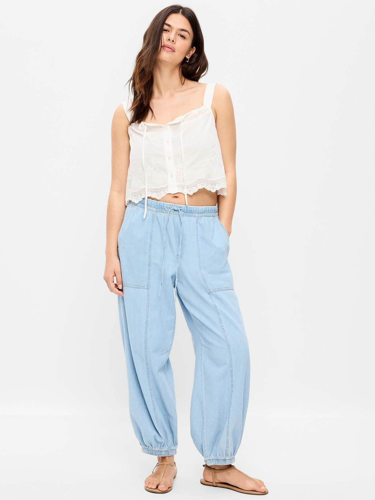 Mid-Rise Pull-On Utility Harem Denim Pants - Blue Washed