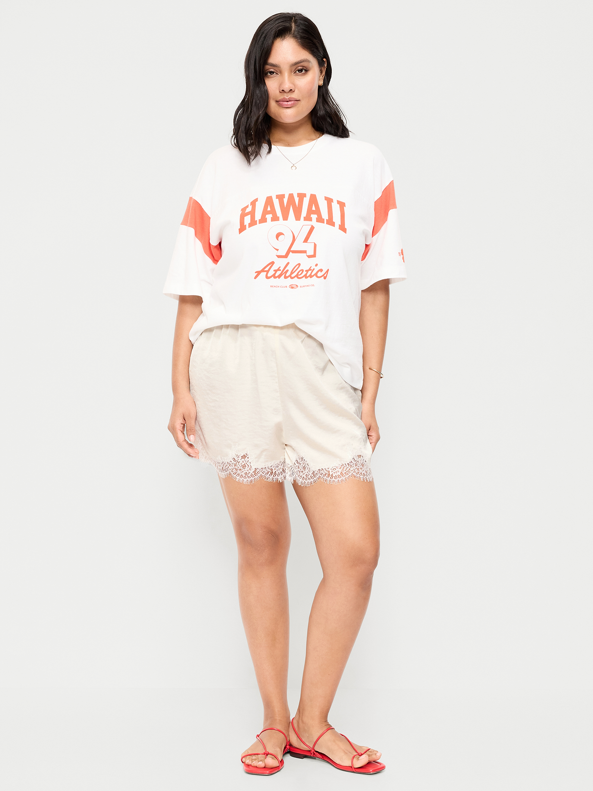 High-Waisted Lace-Trim Satin Shorts - Champagne