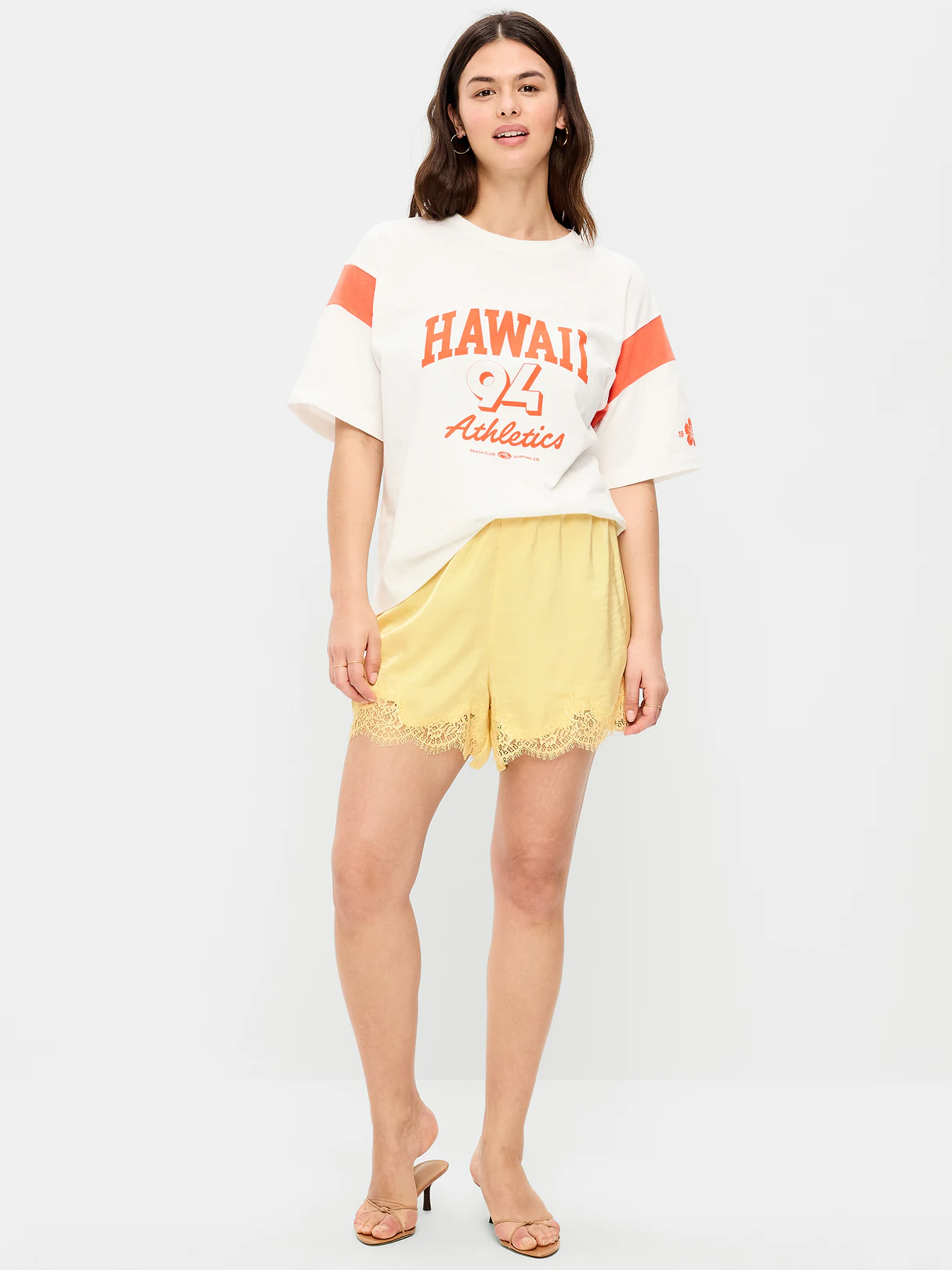 High-Waisted Lace-Trim Satin Shorts - Sunbeam