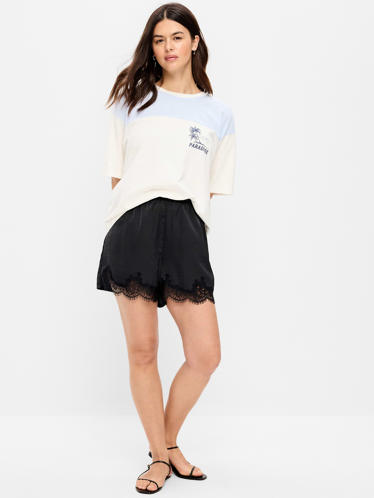 High-Waisted Lace-Trim Satin Shorts - Black Jack