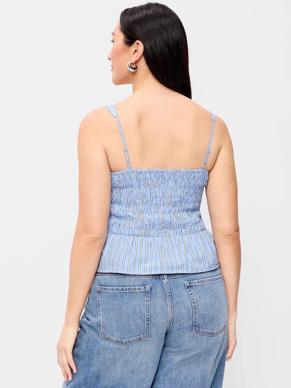 Smocked Peplum Tank Top - Blue Stripe