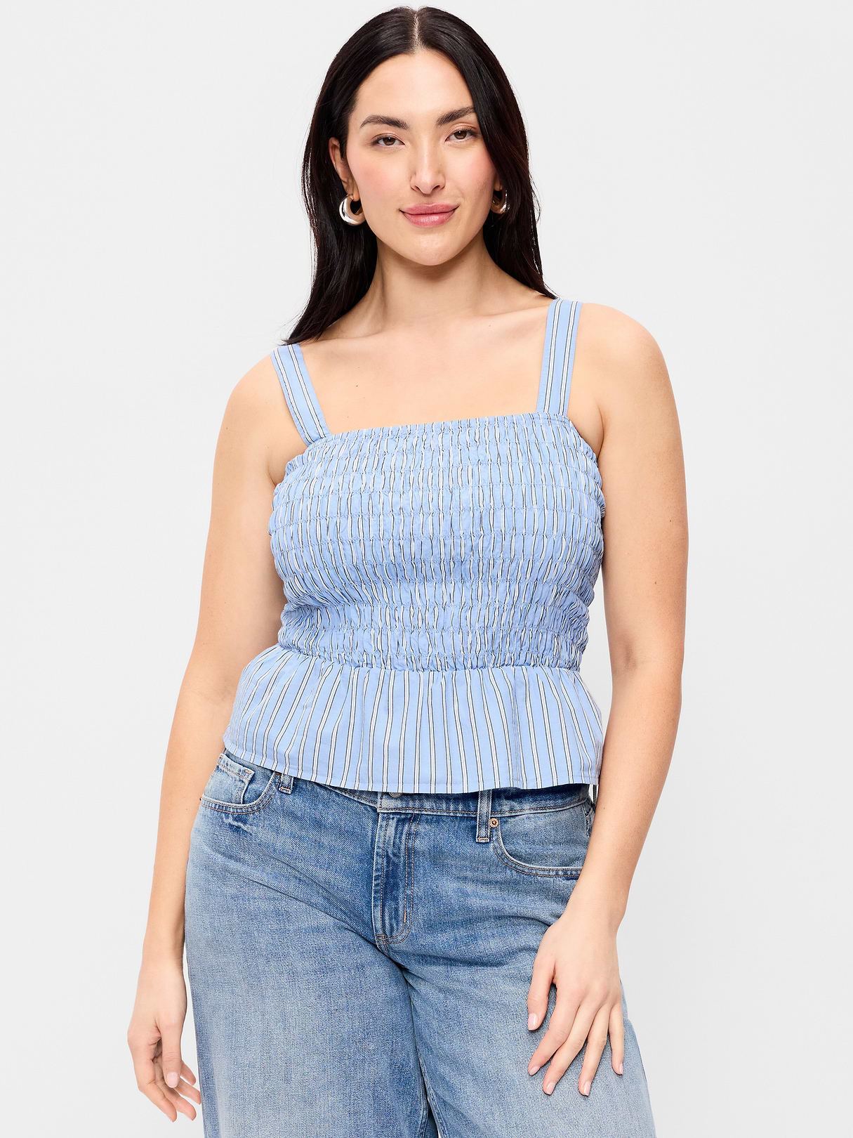 Smocked Peplum Tank Top - Blue Stripe