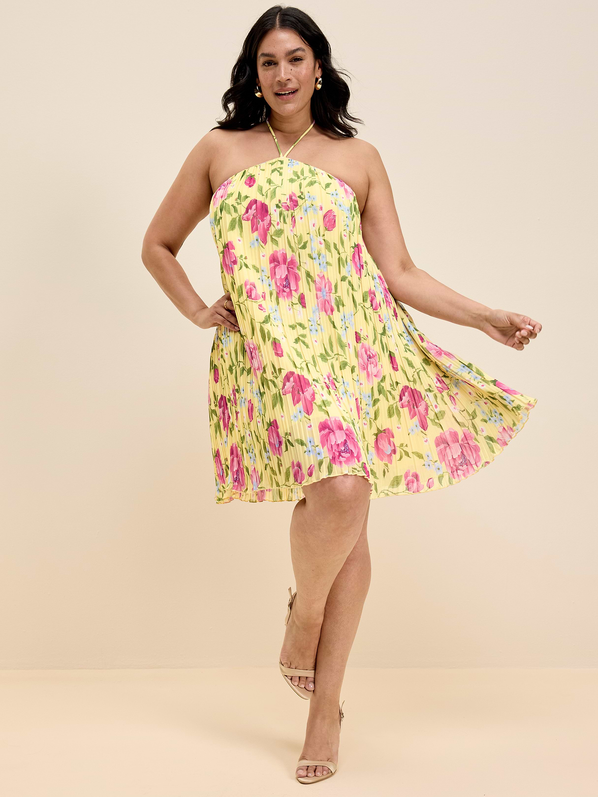 The Occasion by Old Navy Pleated Halter Swing Mini Dress - Yellow Floral
