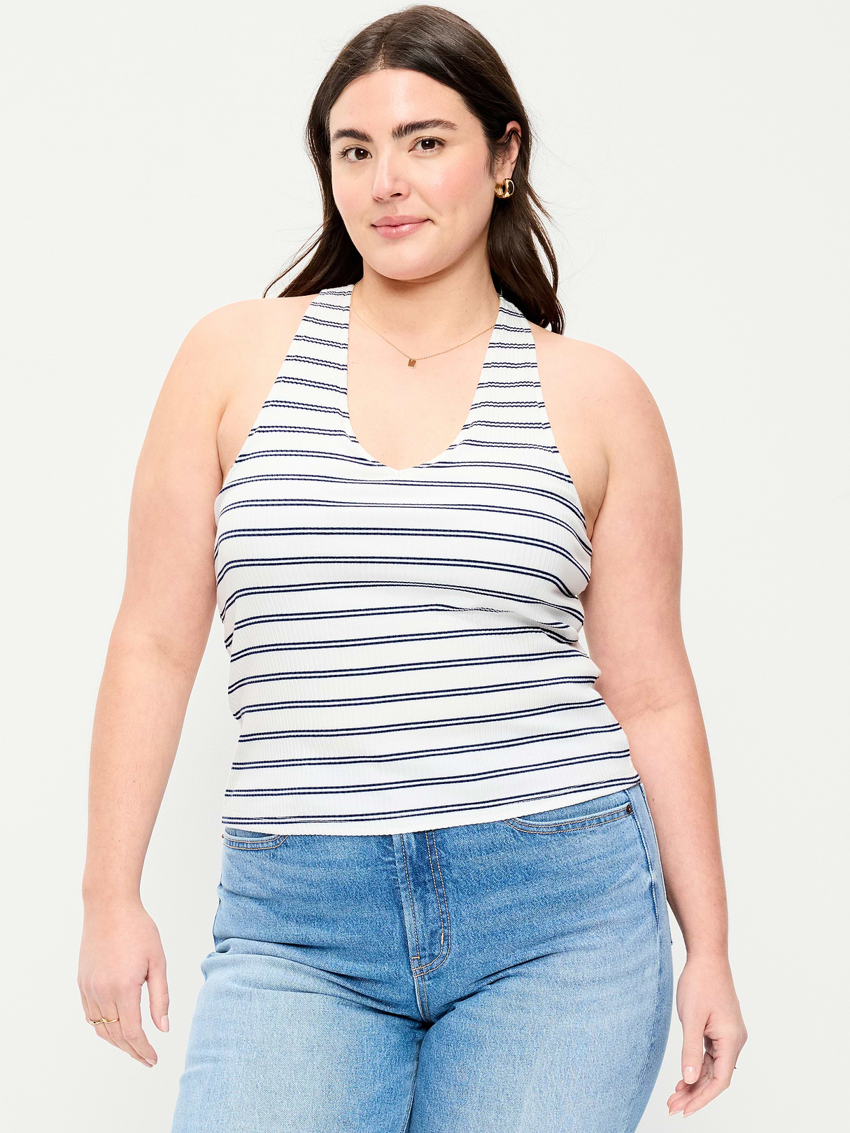 Ribbed Loop-Back Halter Top - Navy Stripe