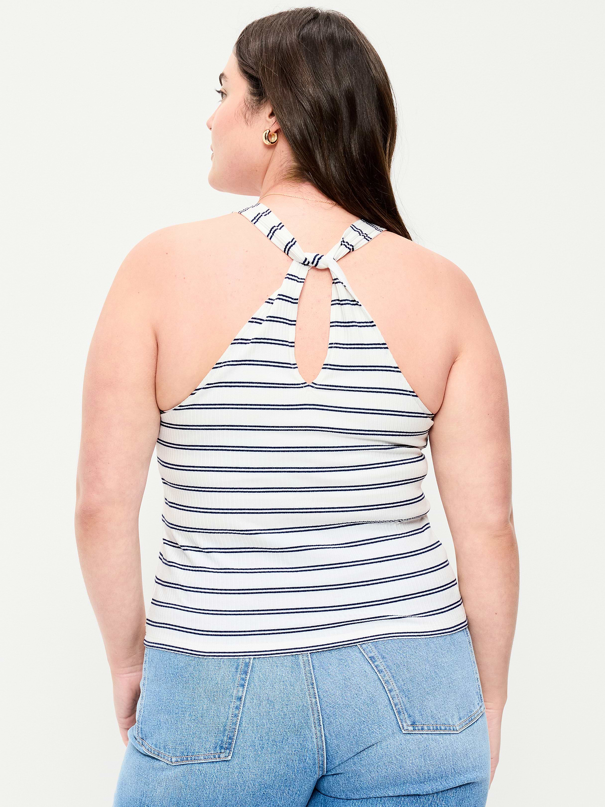 Ribbed Loop-Back Halter Top - Navy Stripe