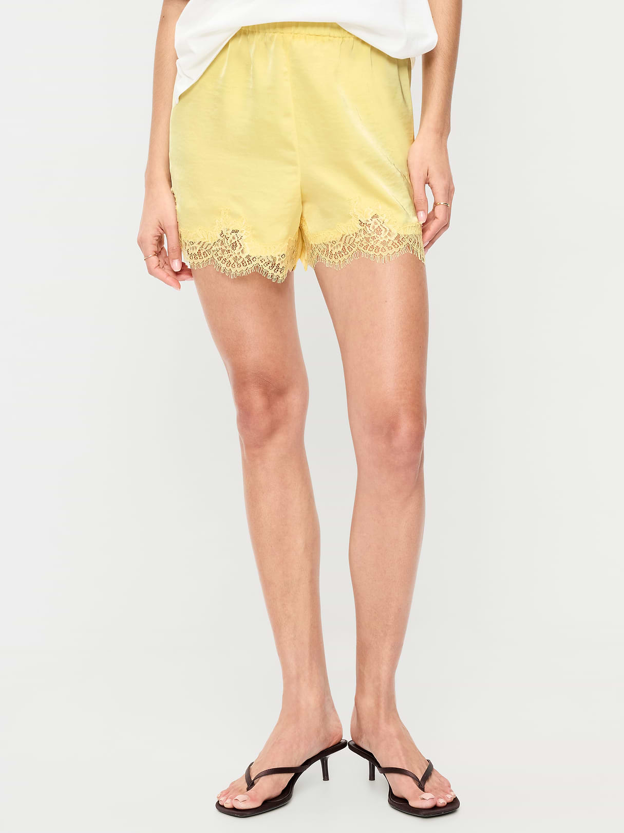 High-Waisted Lace-Trim Satin Shorts - Sunbeam