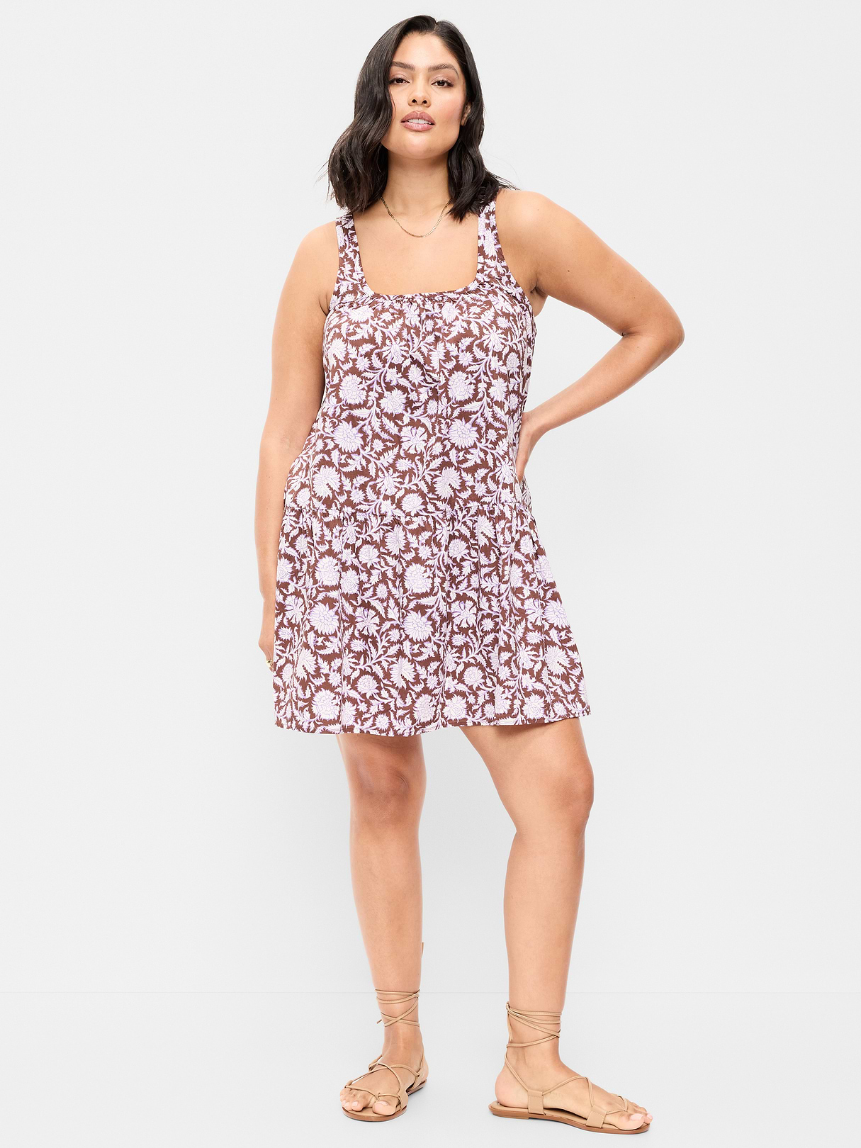 Drop-Waist Swing Mini Dress - Brown Floral