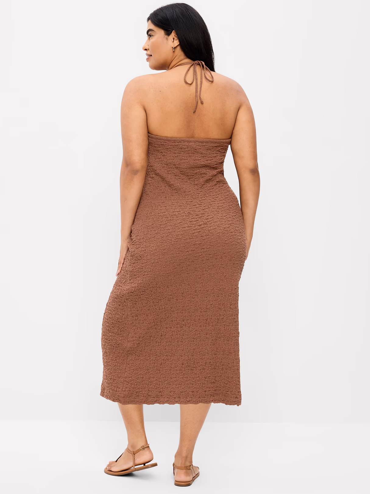 Beaded Halter-Neck Textured Midi Dress - Coco de mer