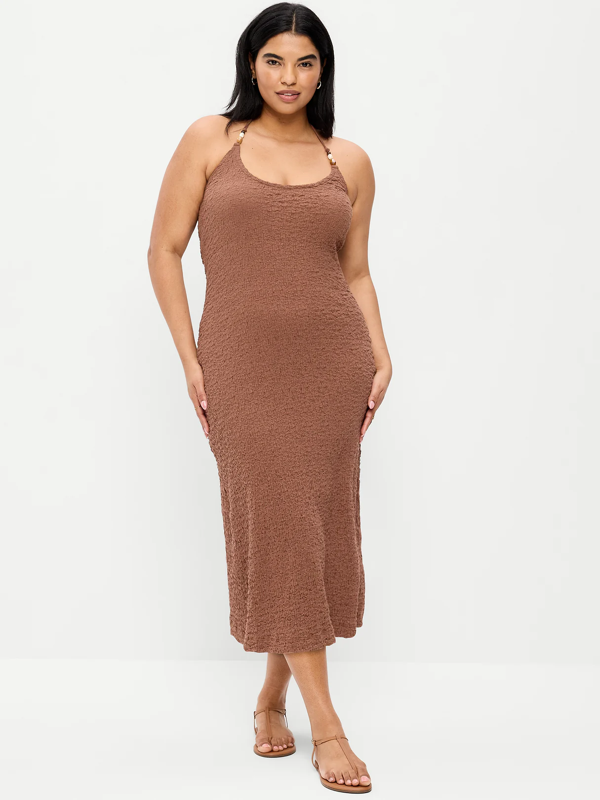 Beaded Halter-Neck Textured Midi Dress - Coco de mer
