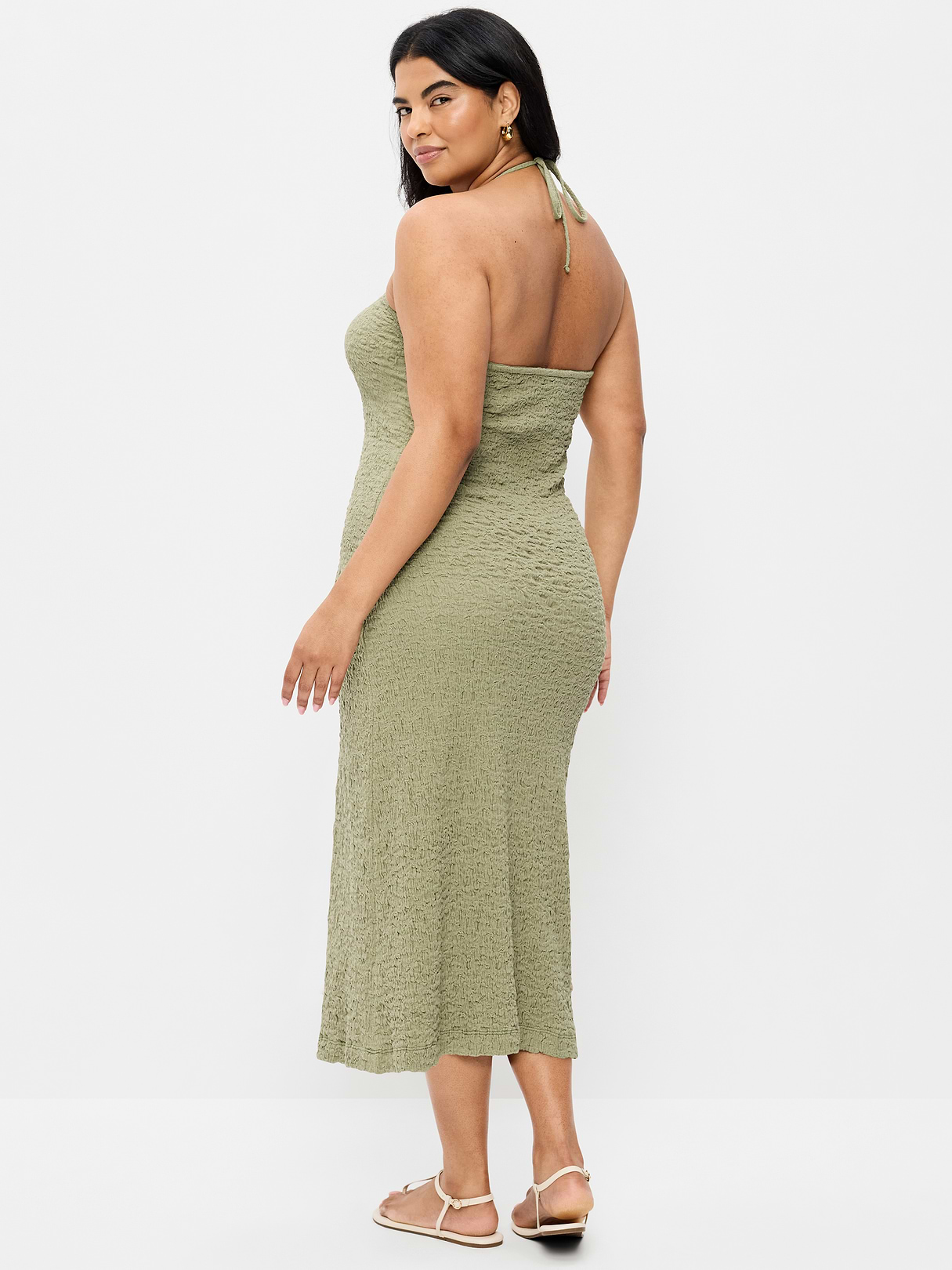 Beaded Halter-Neck Textured Midi Dress - Dried Grasses