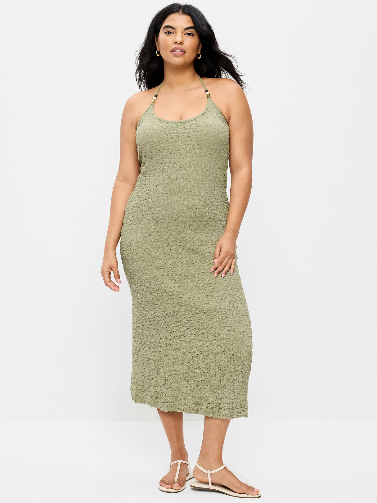 Beaded Halter-Neck Textured Midi Dress - Dried Grasses