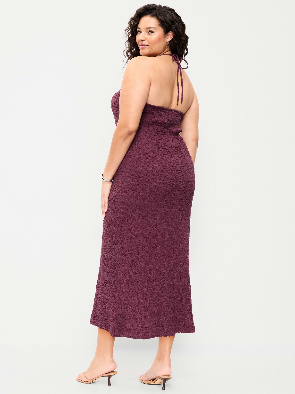 Beaded Halter-Neck Textured Midi Dress - Cherry Bark