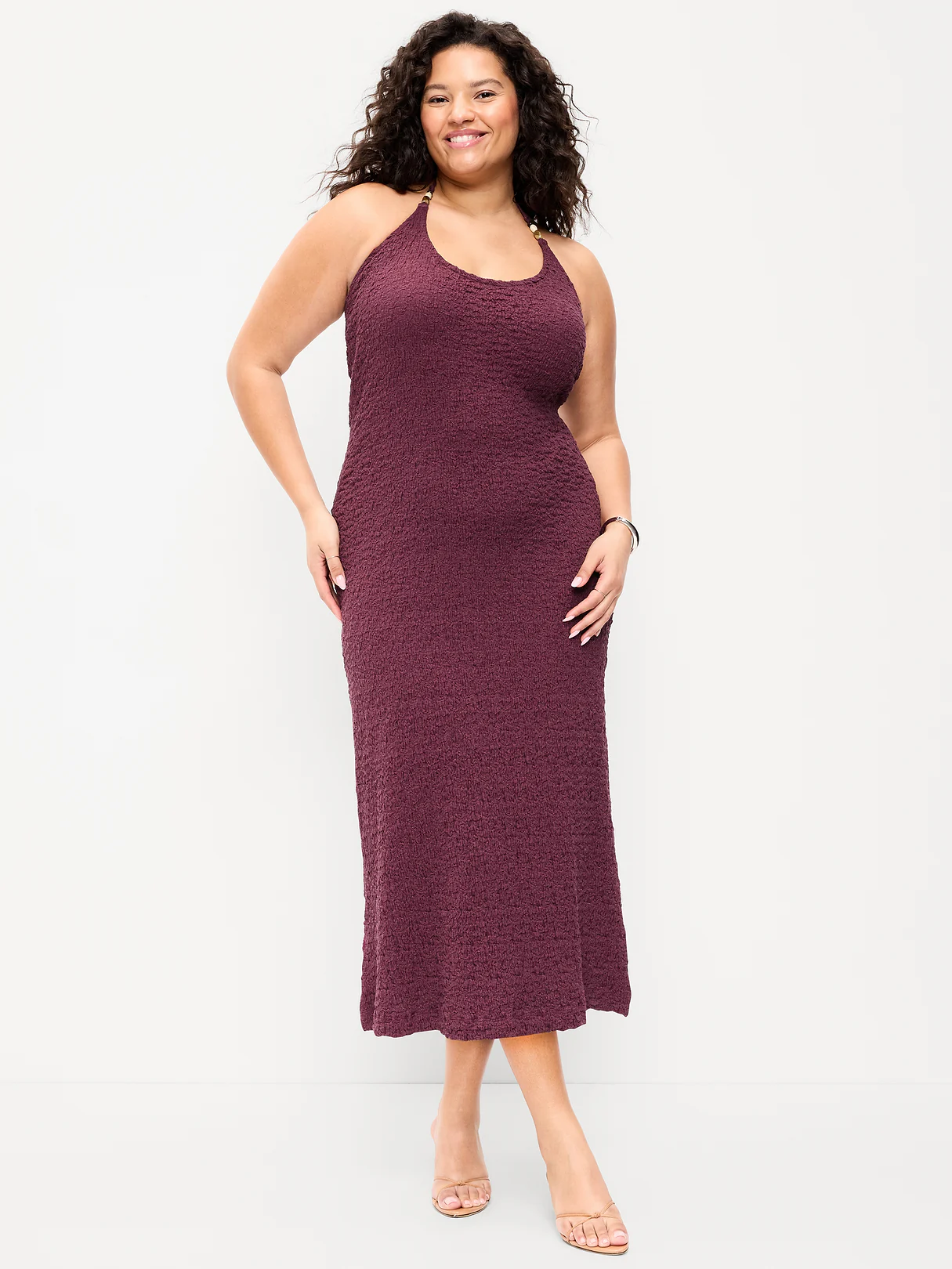 Beaded Halter-Neck Textured Midi Dress - Cherry Bark