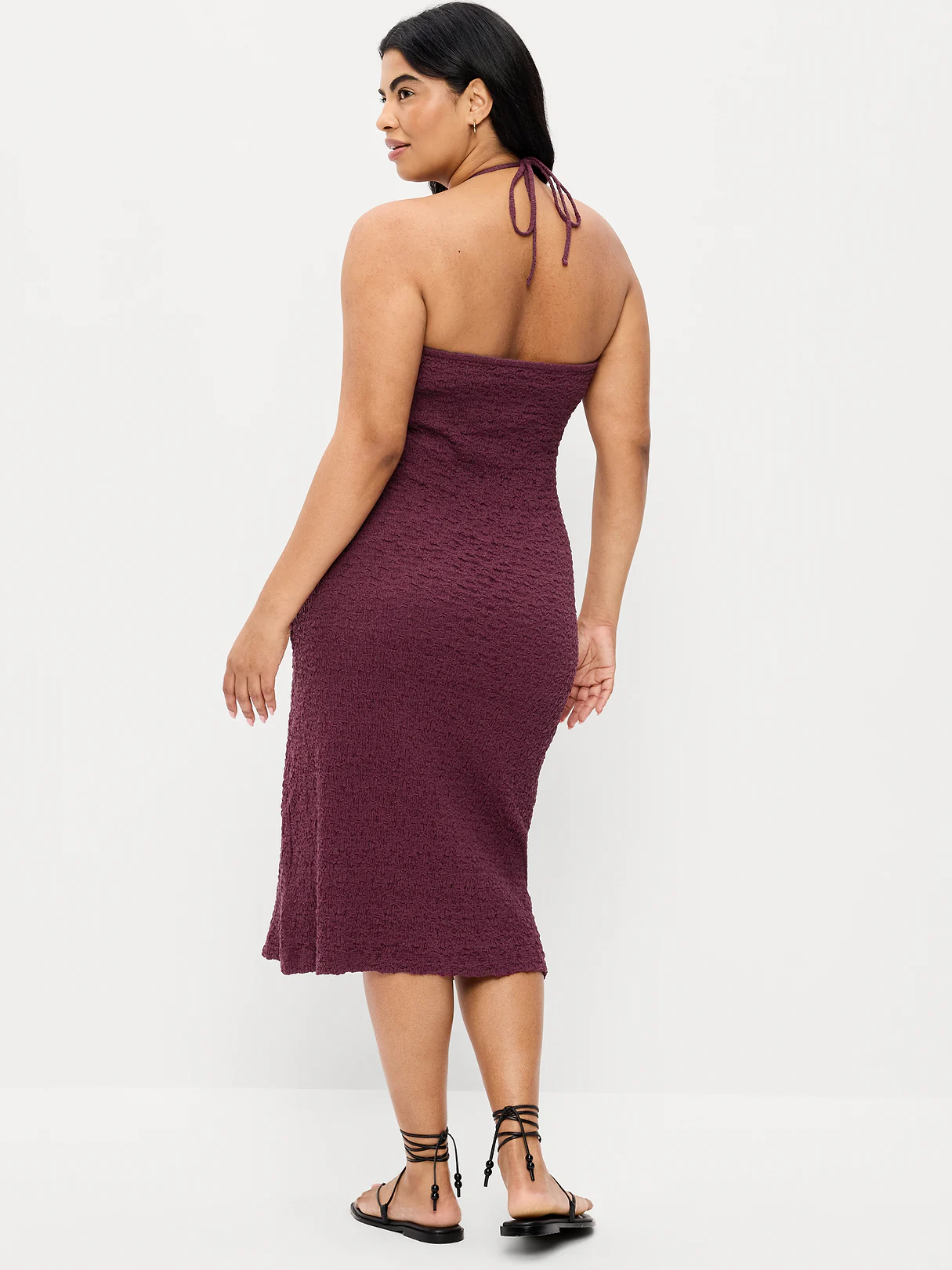 Beaded Halter-Neck Textured Midi Dress - Cherry Bark