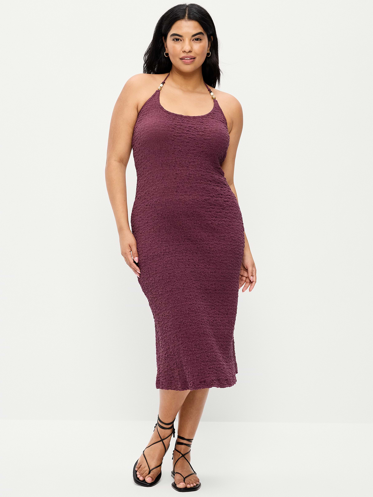 Beaded Halter-Neck Textured Midi Dress - Cherry Bark