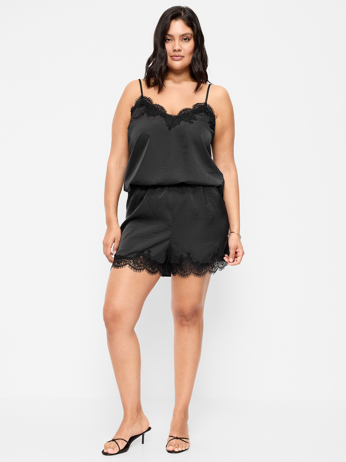 High-Waisted Lace-Trim Satin Shorts - Black Jack