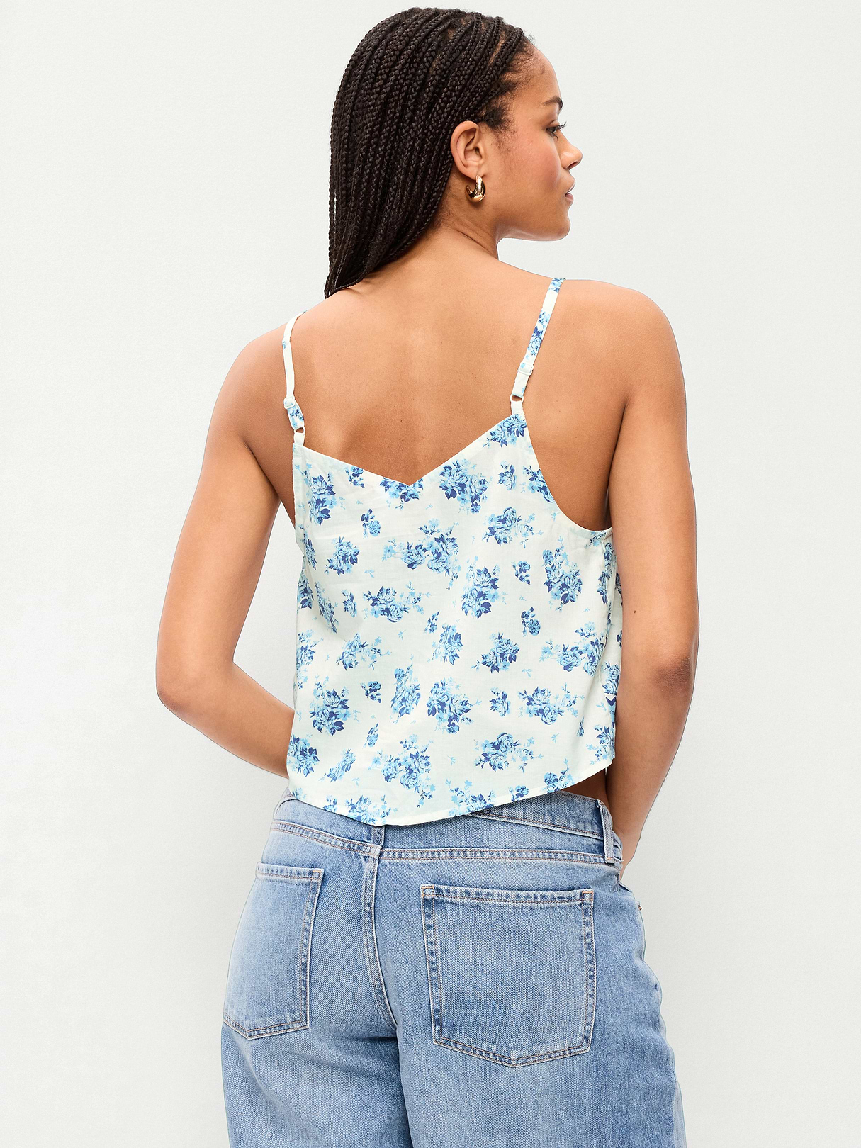 Lace-Trim Scarf Tank Top - White/Blue Floral
