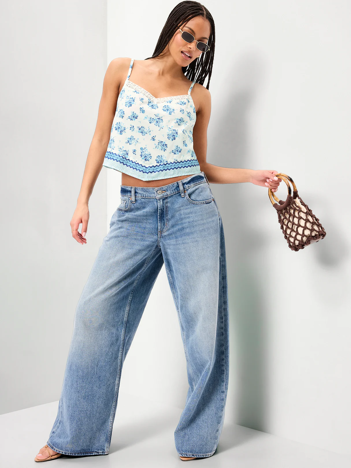 Lace-Trim Scarf Tank Top - White/Blue Floral