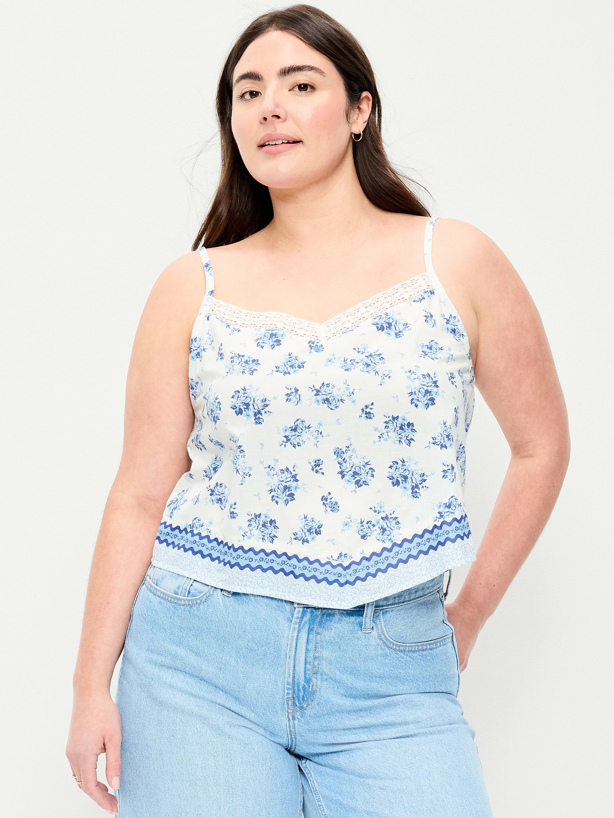 Lace-Trim Scarf Tank Top - White/Blue Floral