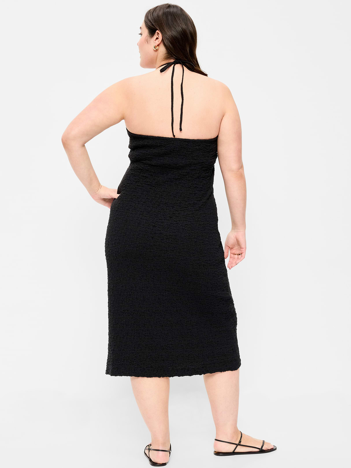 Beaded Halter-Neck Textured Midi Dress - Black Jack