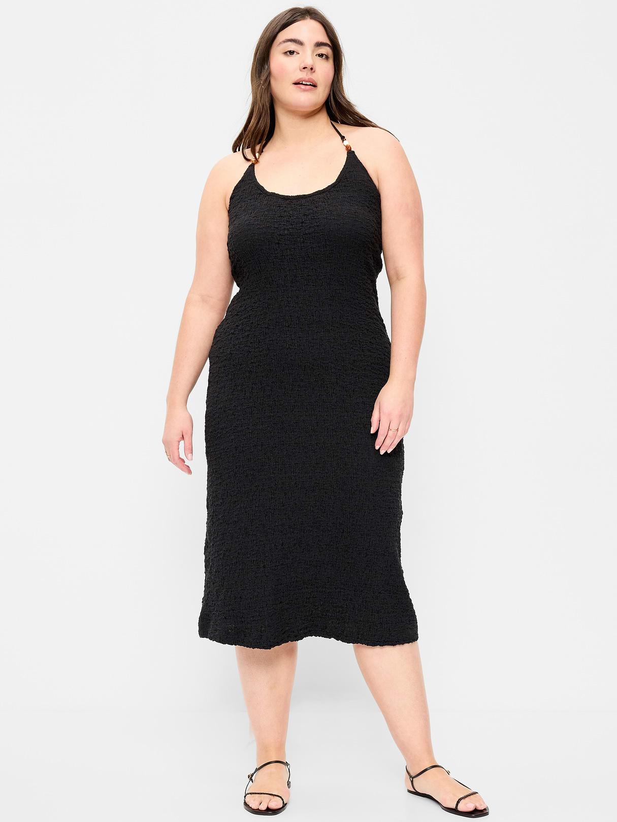 Beaded Halter-Neck Textured Midi Dress - Black Jack