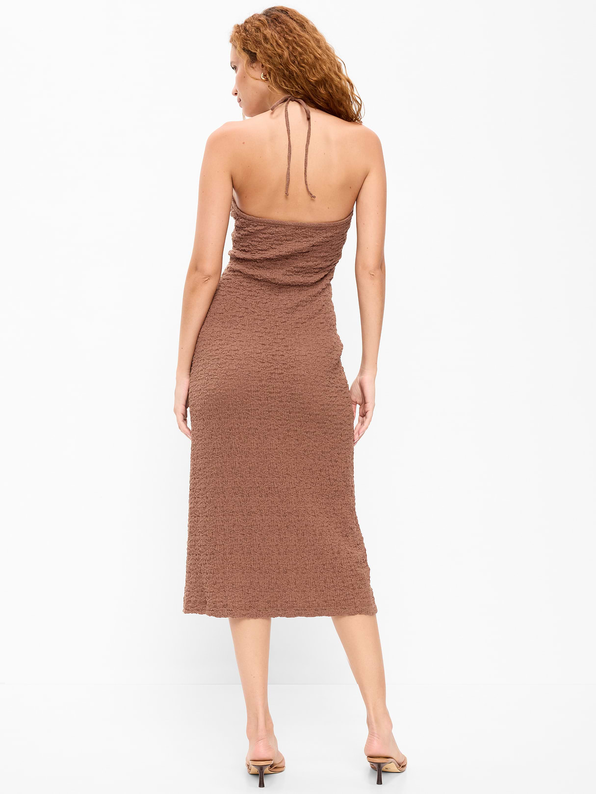 Beaded Halter-Neck Textured Midi Dress - Coco de mer