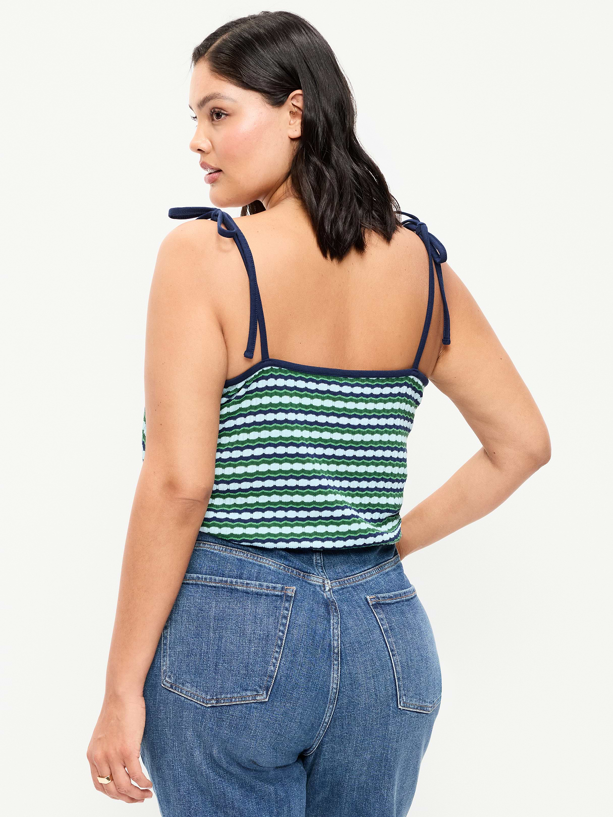 Sleeveless Pointelle Tie-Strap Tank Top - Green Blue Stripe