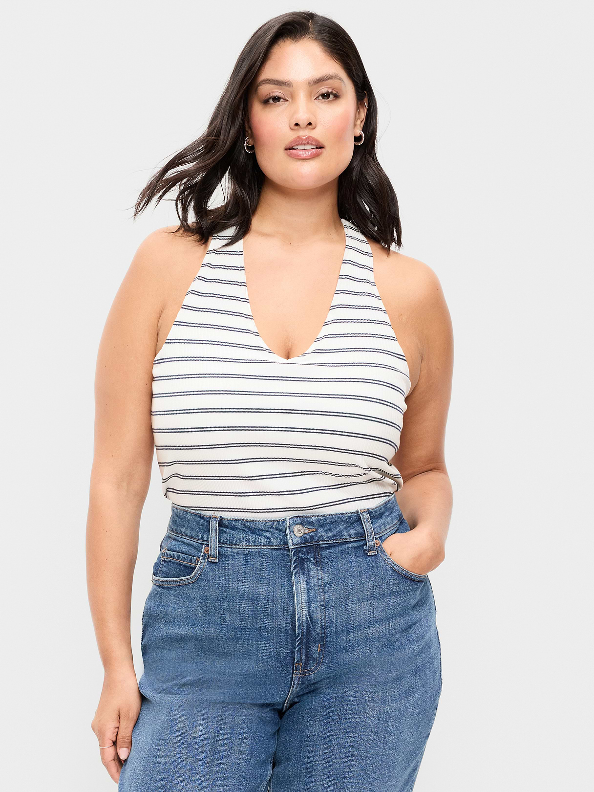 Ribbed Loop-Back Halter Top - Navy Stripe