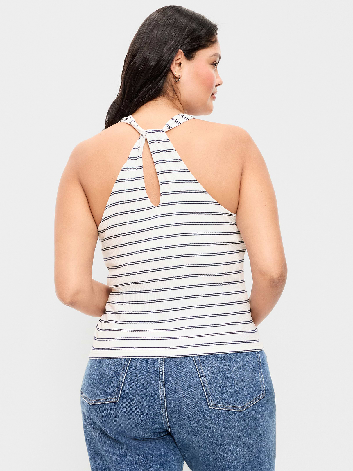 Ribbed Loop-Back Halter Top - Navy Stripe