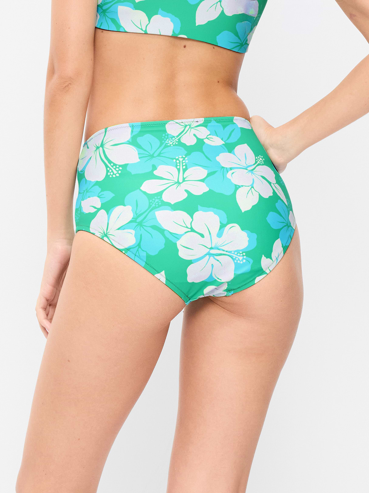 High-Waisted Ribbed Bikini Swim Bottoms - Cool Hibiscus