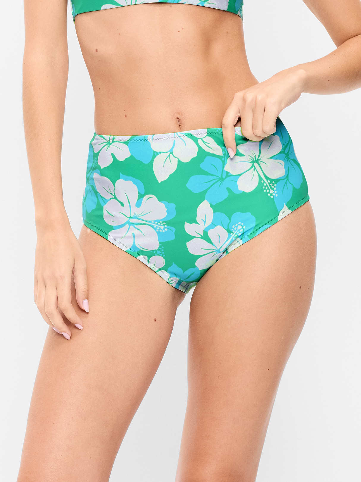 High-Waisted Ribbed Bikini Swim Bottoms - Cool Hibiscus
