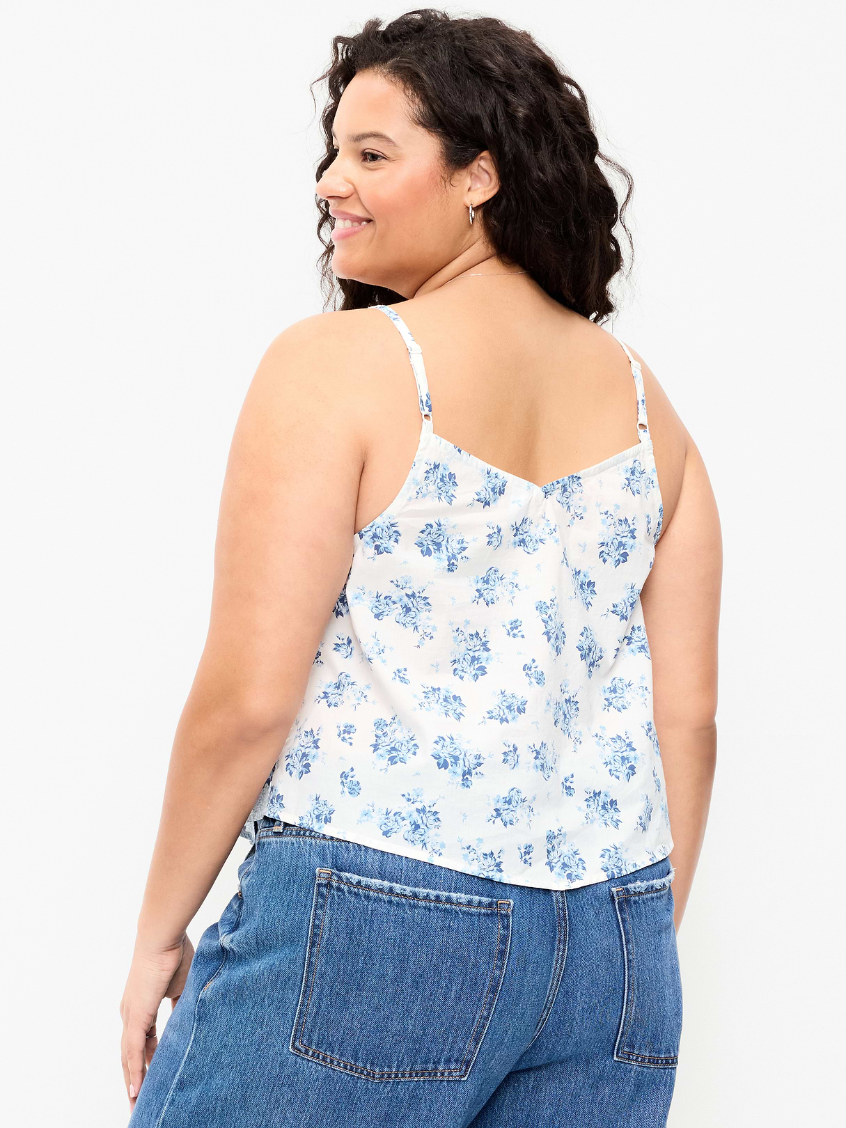 Lace-Trim Scarf Tank Top - White/Blue Floral