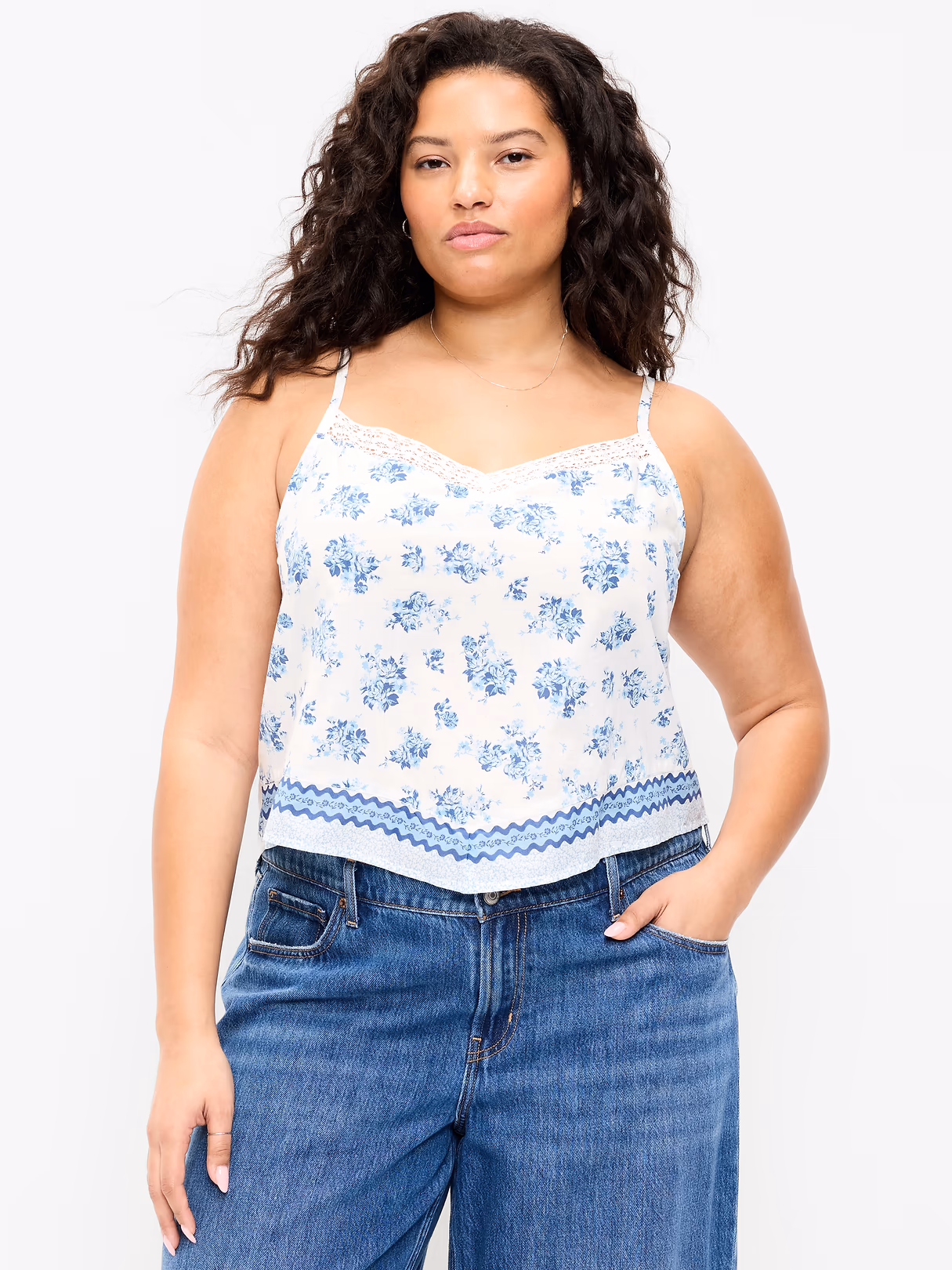 Lace-Trim Scarf Tank Top - White/Blue Floral