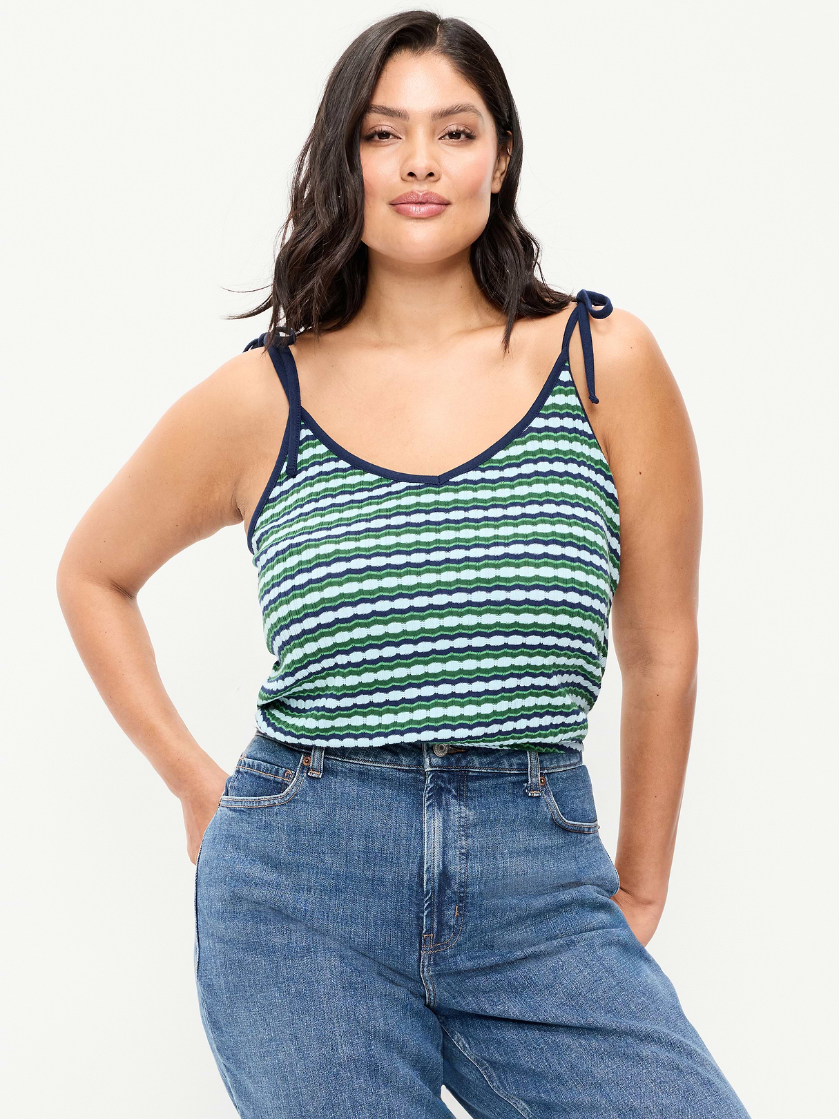 Sleeveless Pointelle Tie-Strap Tank Top - Green Blue Stripe