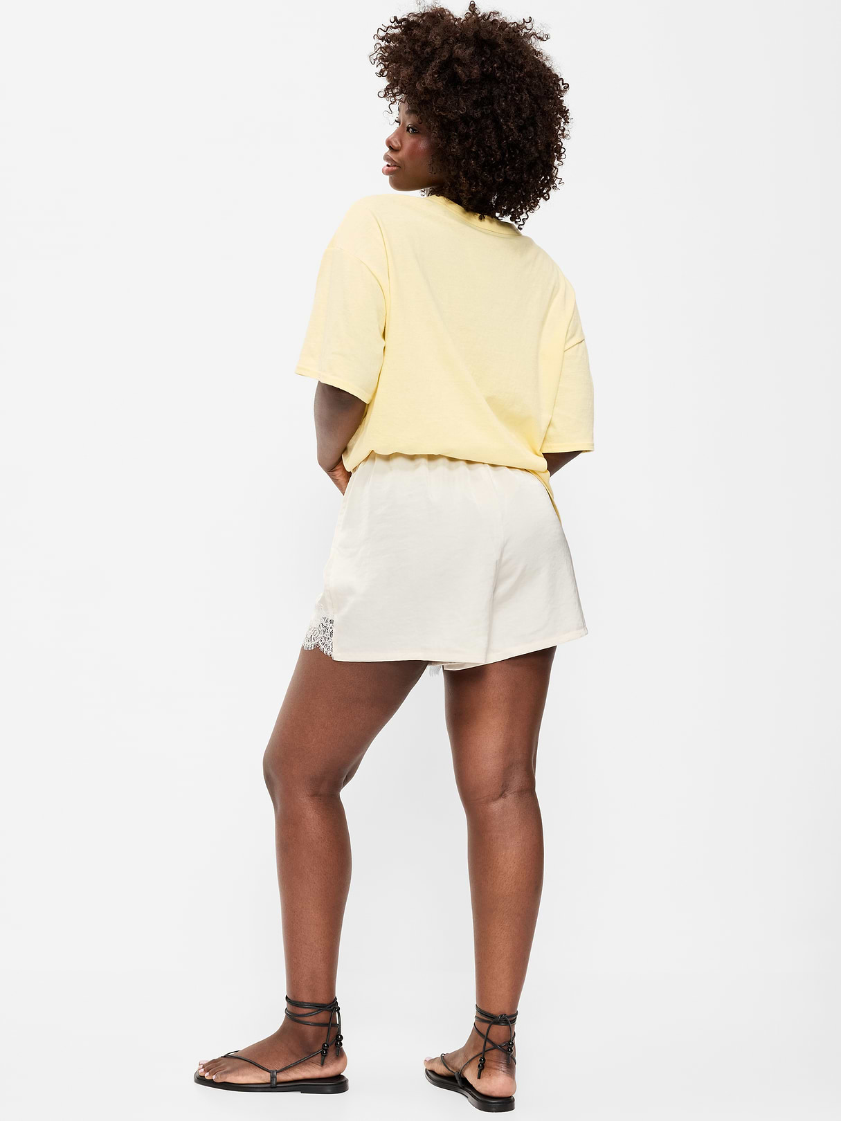 High-Waisted Lace-Trim Satin Shorts - Champagne