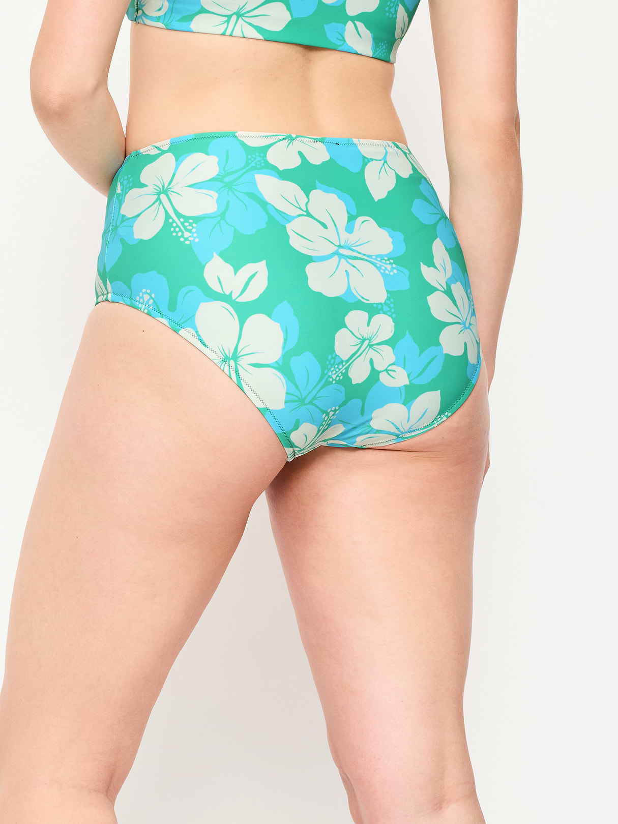 High-Waisted Ribbed Bikini Swim Bottoms - Cool Hibiscus