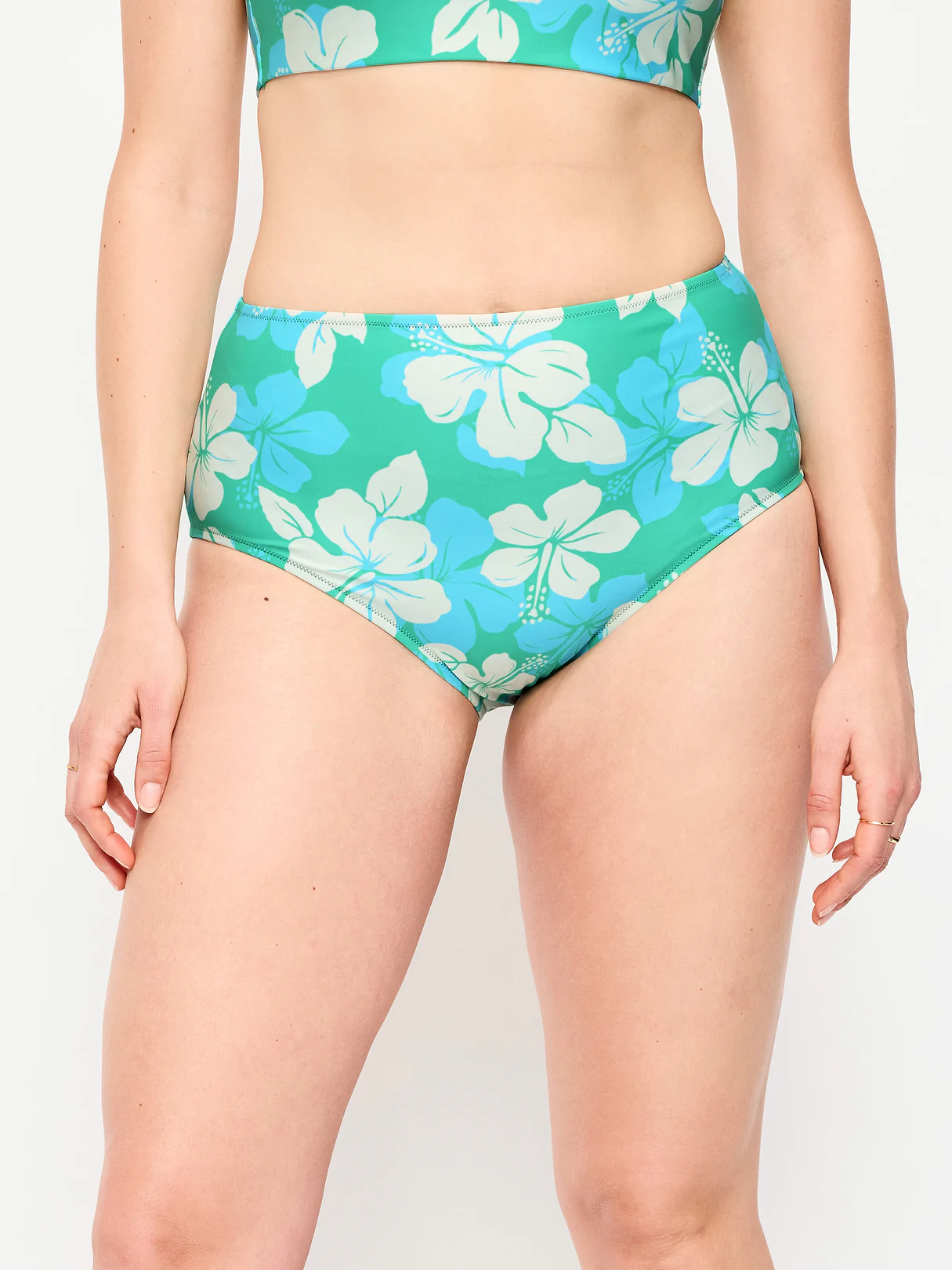 High-Waisted Ribbed Bikini Swim Bottoms - Cool Hibiscus