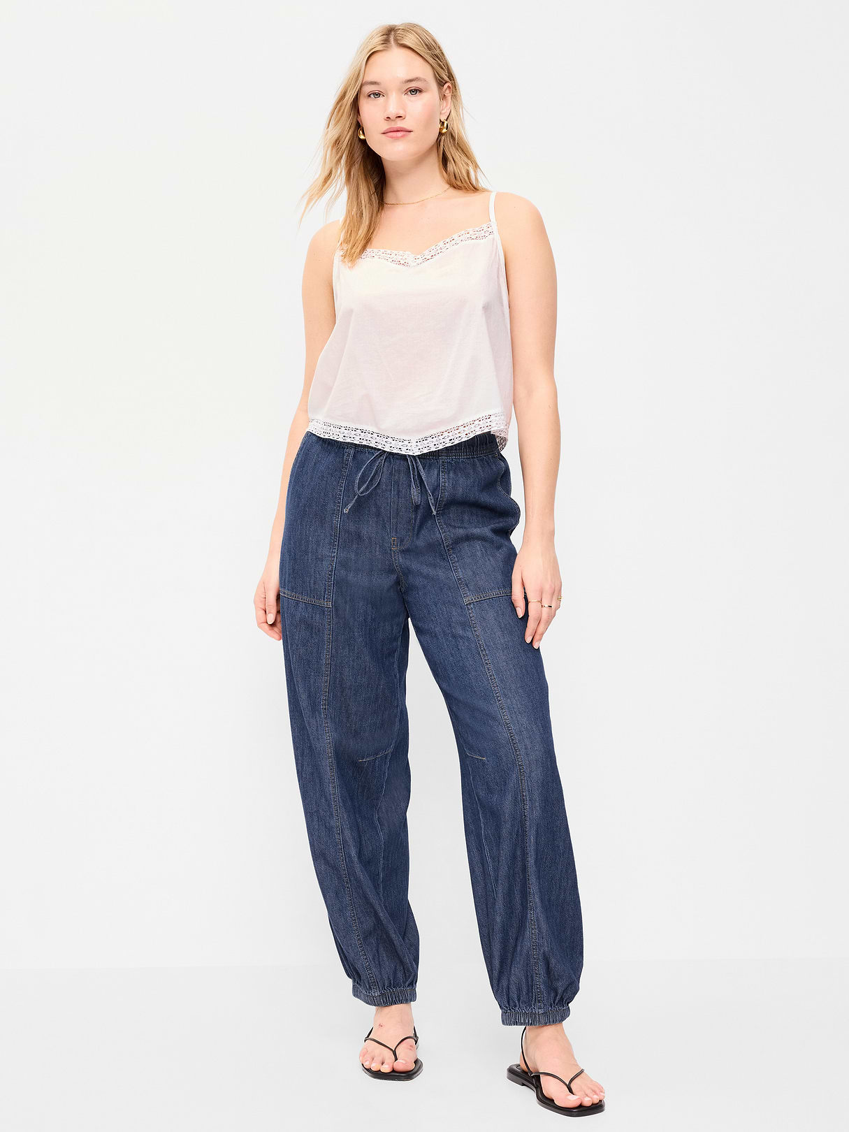 Mid-Rise Pull-On Utility Harem Denim Pants - Dark Wash