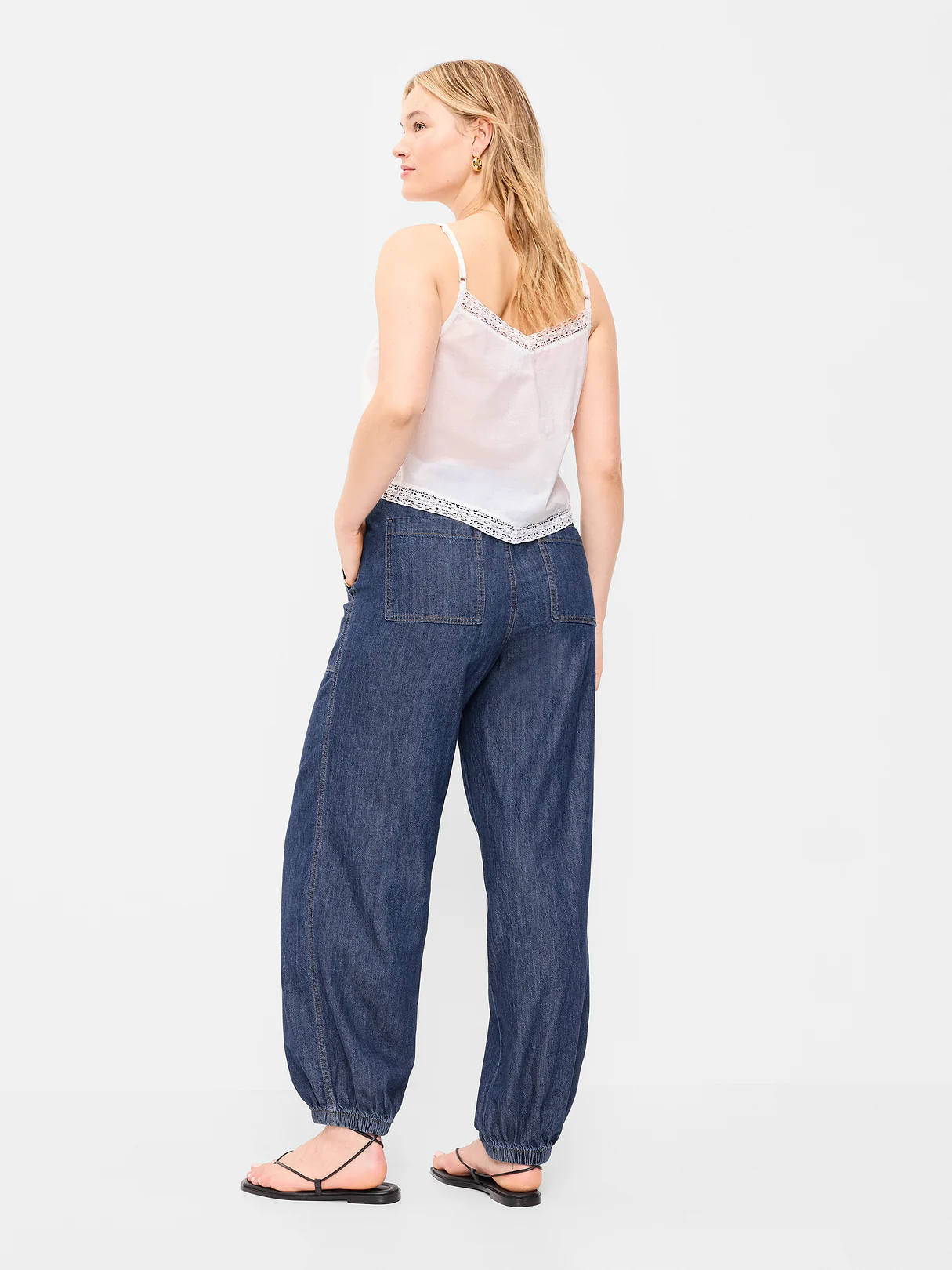 Mid-Rise Pull-On Utility Harem Denim Pants - Dark Wash