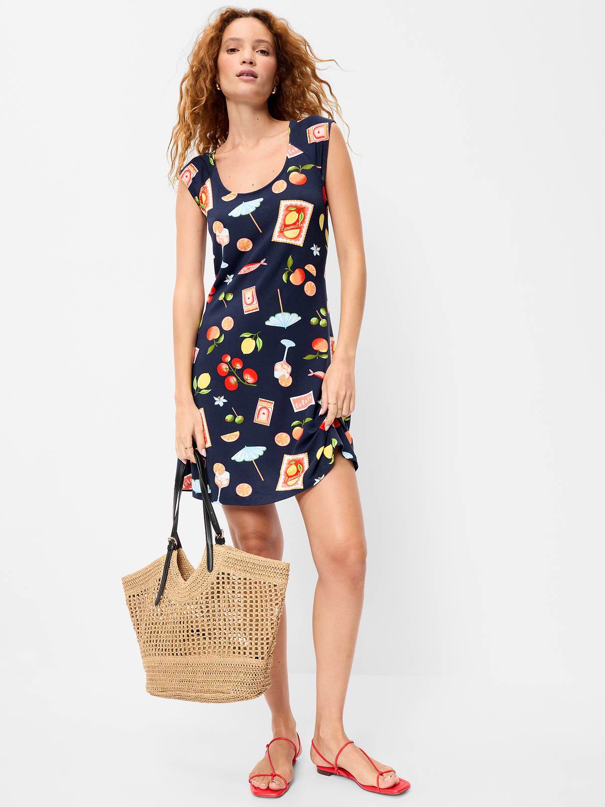 Short-Sleeve Scoop-Neck Mini Dress - Mixed Fruit
