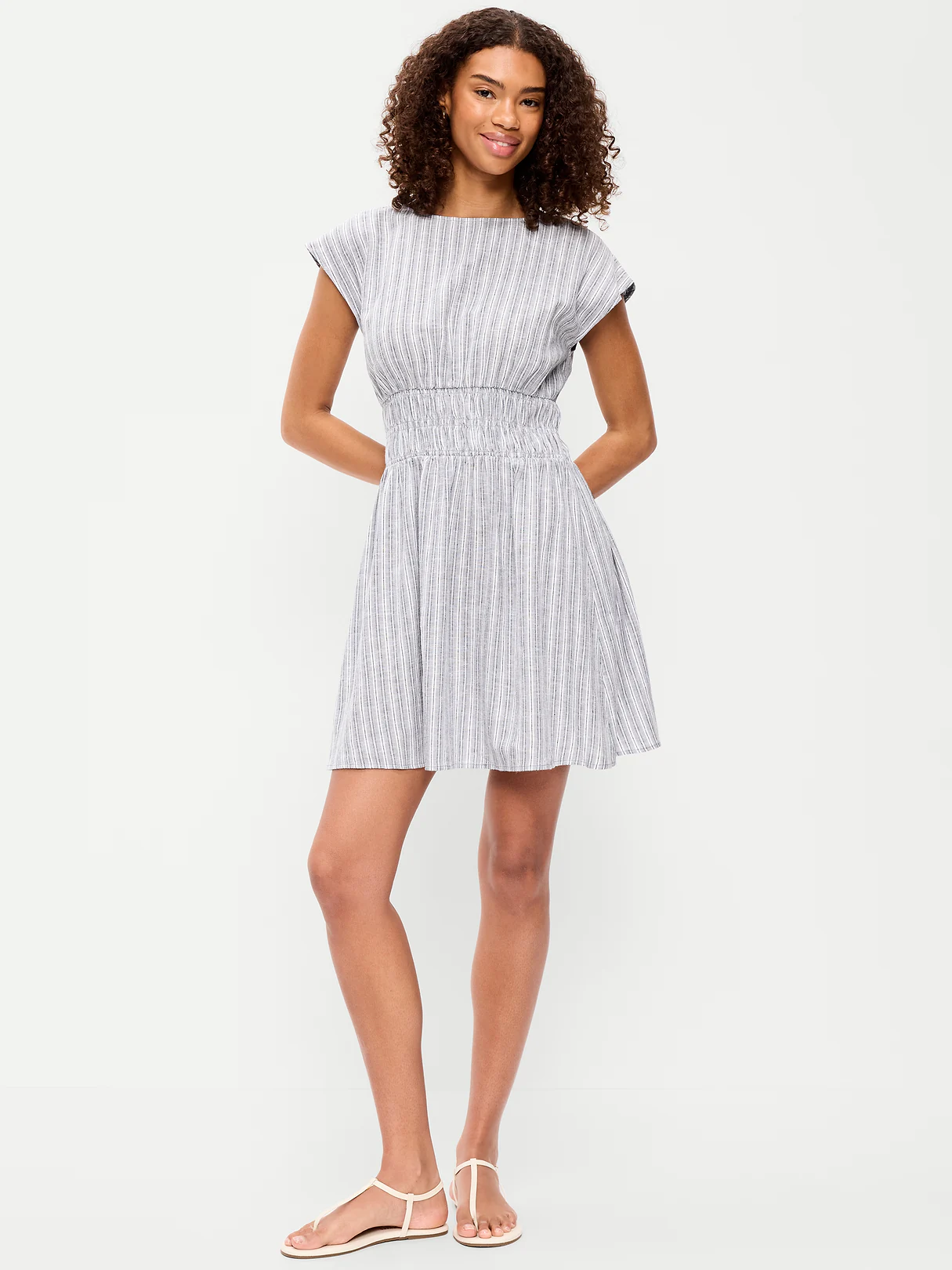 Smocked-Bodice Fit & Flare Mini Dress - Blue Multi Stripe